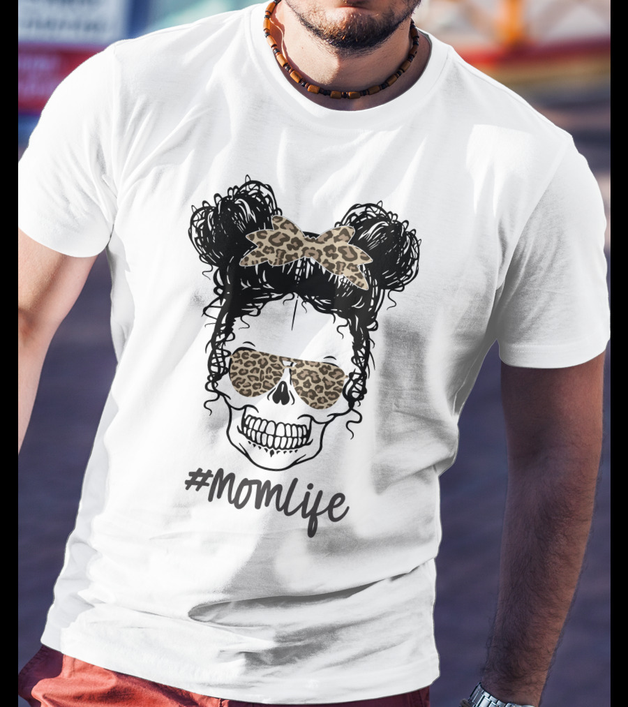 MomLife Messy Bun Skull Leopard Bow Sunglasses T-Shirt