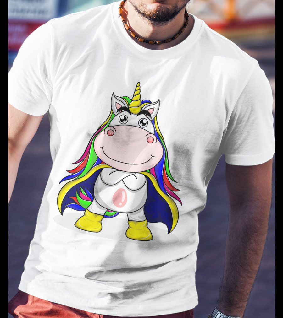 Superhero Unicorn With Rainbow Cape And Yellow Boots T-Shirt