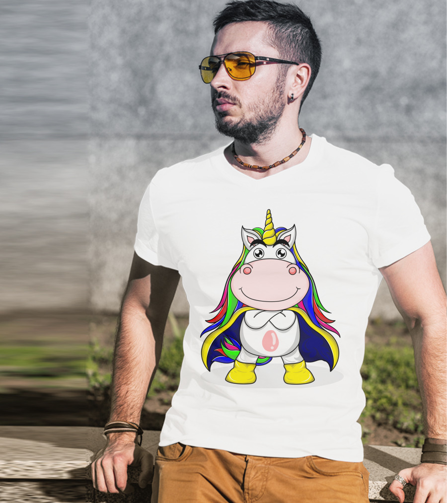 Superhero Unicorn With Rainbow Cape And Yellow Boots T-Shirt