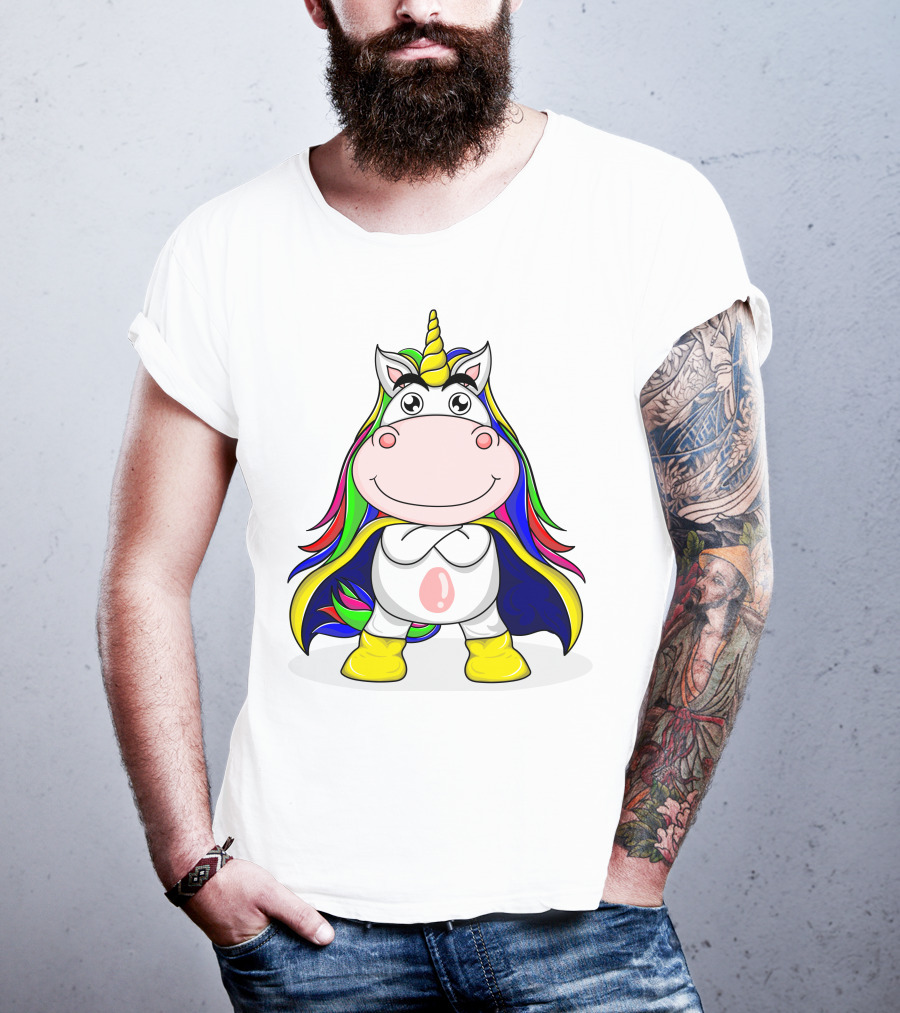 Superhero Unicorn With Rainbow Cape And Yellow Boots T-Shirt