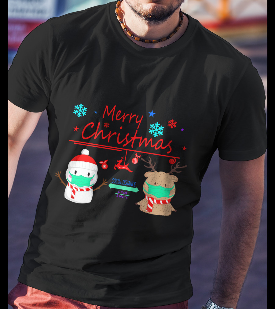 Merry Christmas Social Distance Snowman And Reindeer With Masks T-Shirt