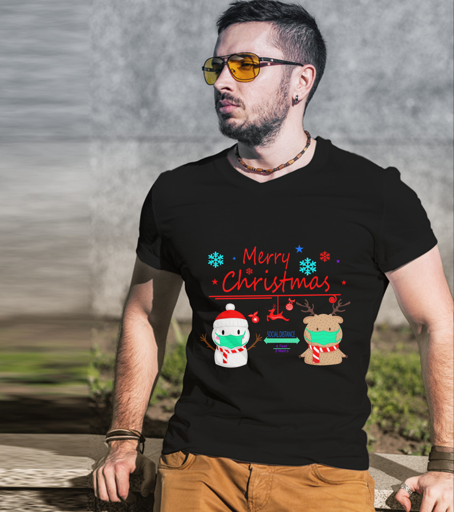 Merry Christmas Social Distance Snowman And Reindeer With Masks T-Shirt