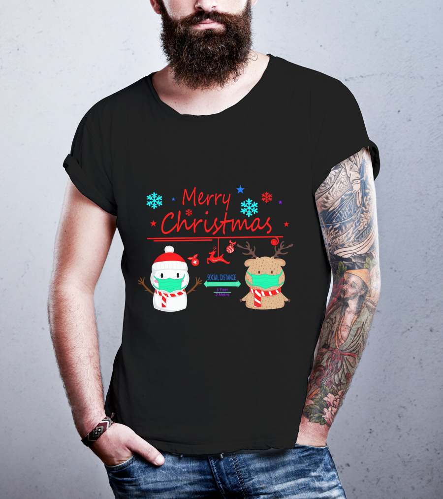 Merry Christmas Social Distance Snowman And Reindeer With Masks T-Shirt