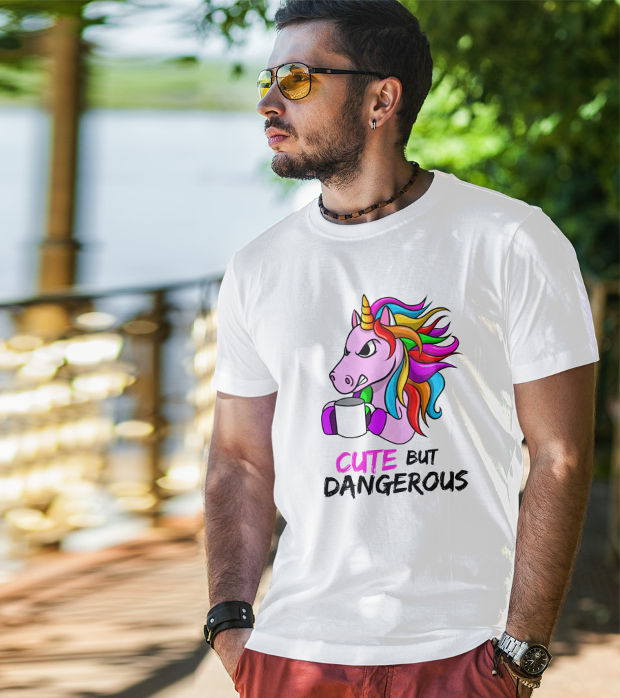 Cute But Dangerous Pink Unicorn With Rainbow Mane And Coffee Mug T-Shirt