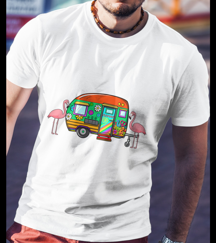 Flamingo Camping Retro Floral Caravan T-Shirt