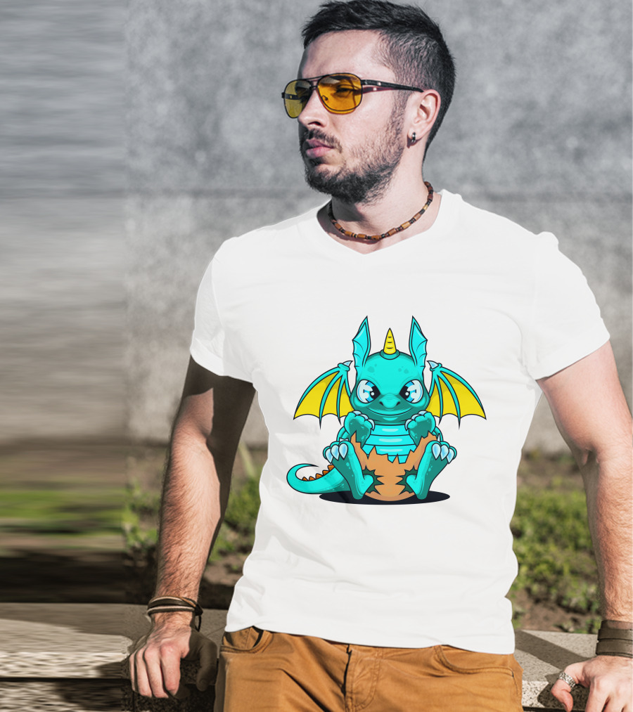 Cool Baby Dragon With Horns Sitting On Eggshell T-Shirt