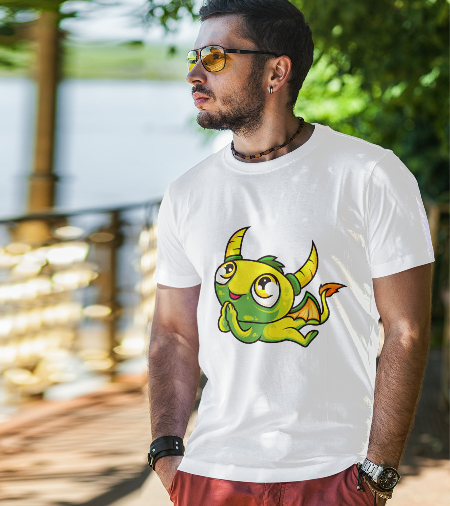 Cute Dragon Wishing Adorable Green And Yellow Horned Fantasy Character T-Shirt