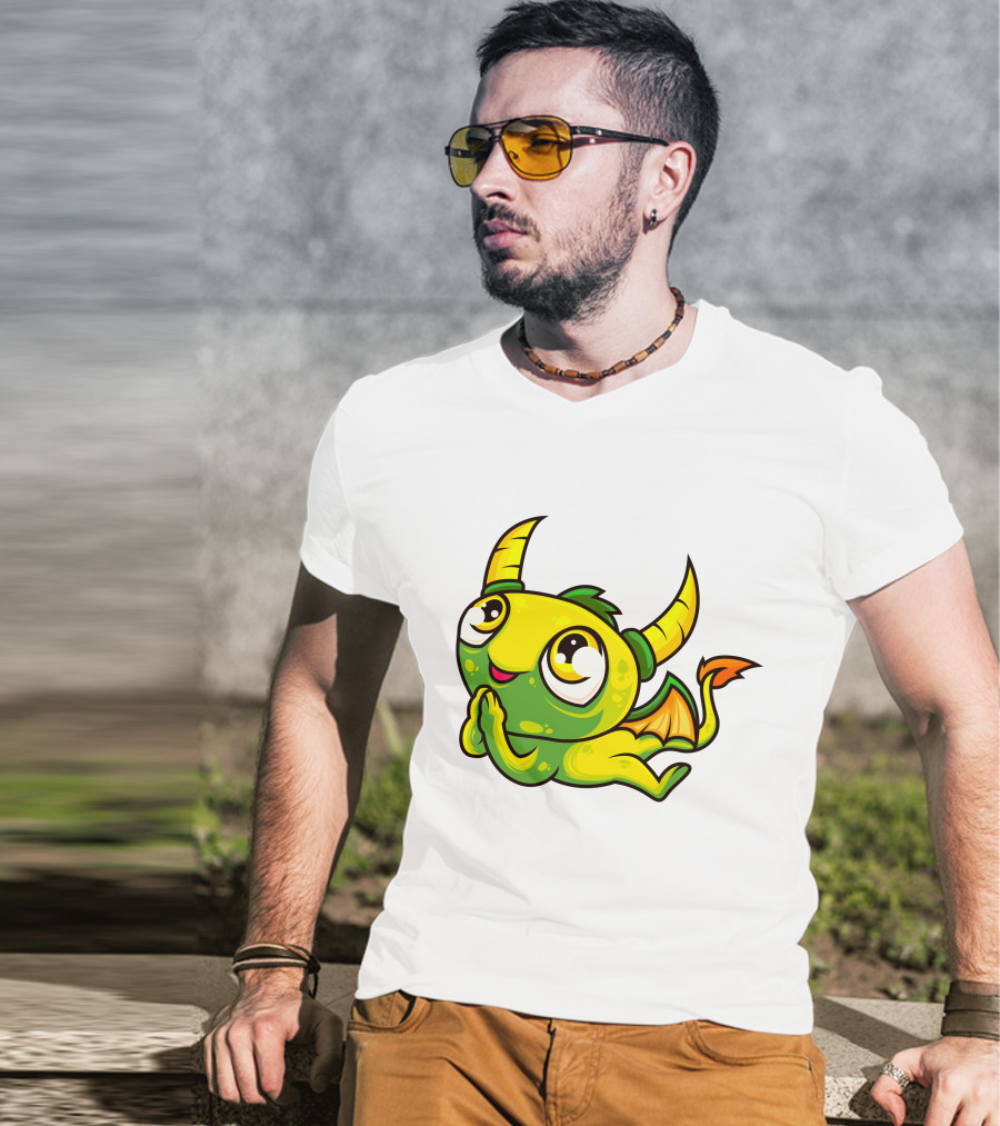 Cute Dragon Wishing Adorable Green And Yellow Horned Fantasy Character T-Shirt
