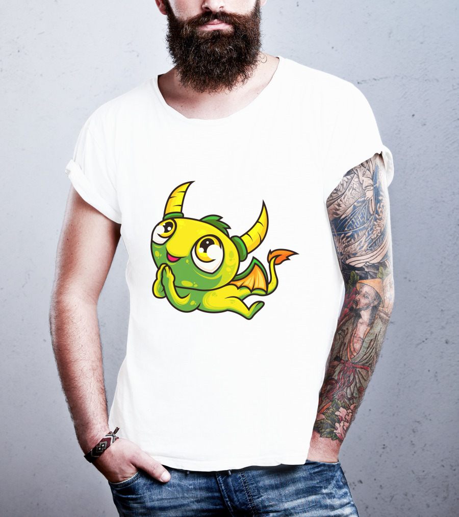 Cute Dragon Wishing Adorable Green And Yellow Horned Fantasy Character T-Shirt