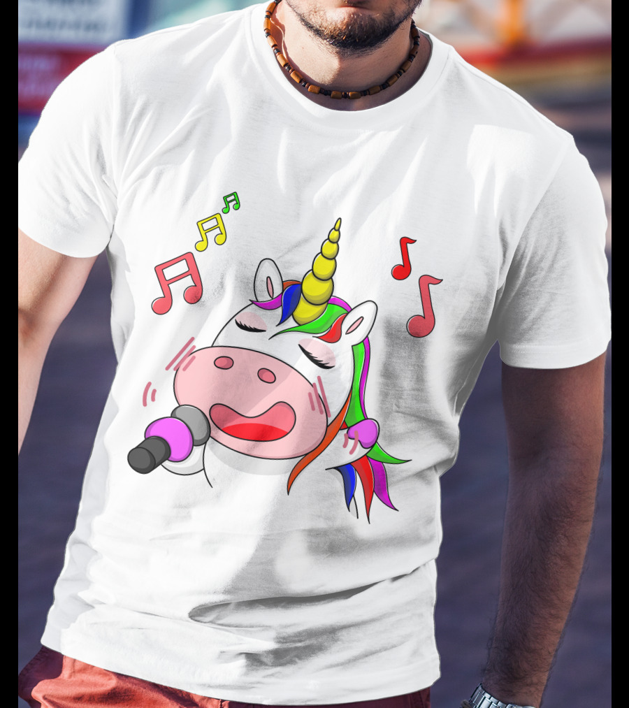 Unicorn Singing With Colorful Microphone And Musical Notes T-Shirt
