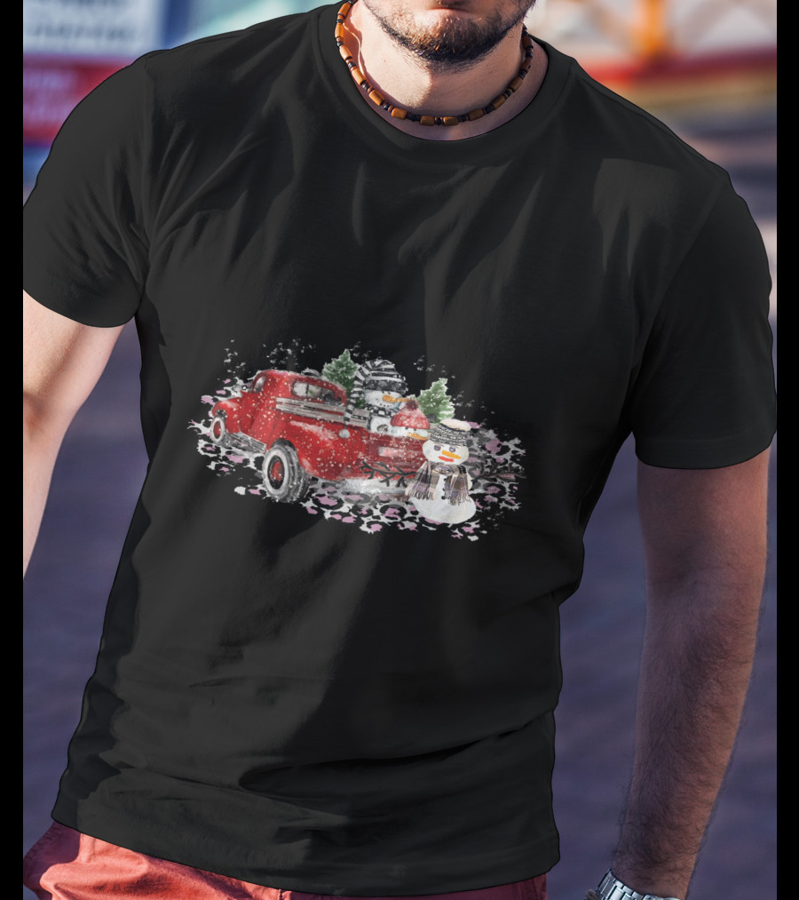 Christmas Snowman Truck Red Watercolor Snow Scene T-Shirt