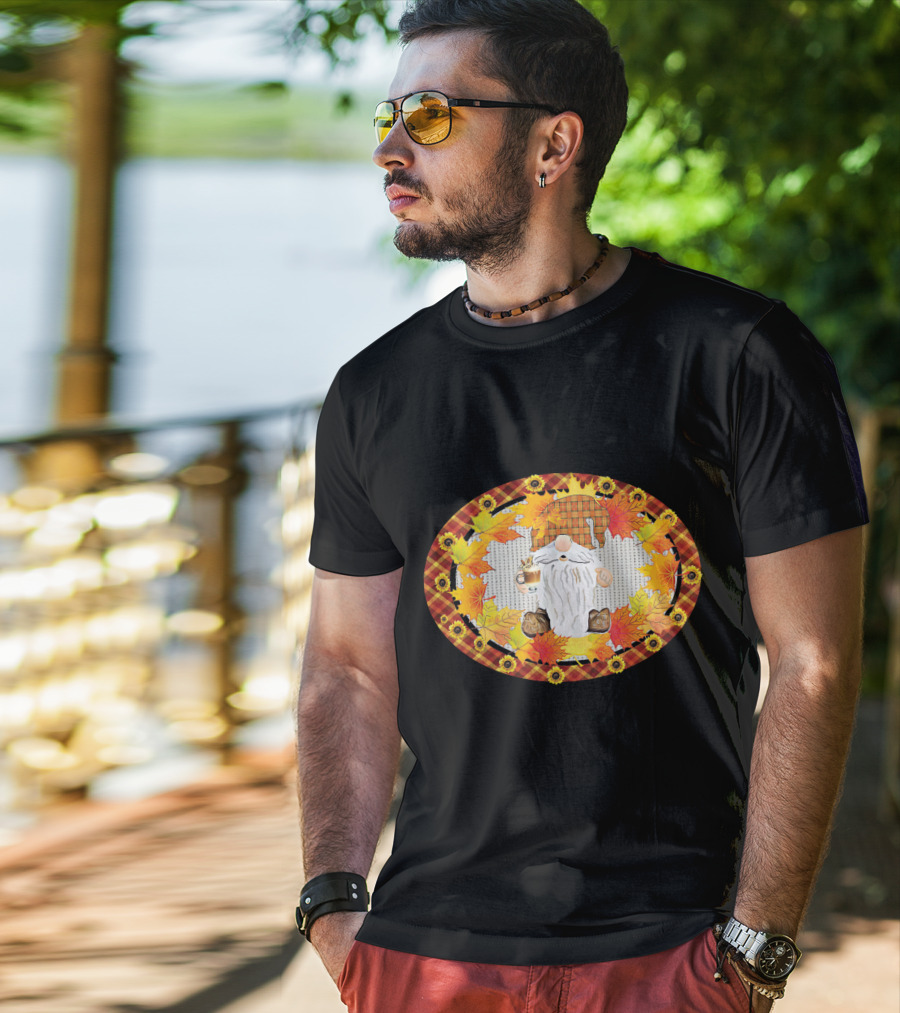 Fall Gnome With Coffee Mug Surrounded By Autumn Leaves And Sunflowers T-Shirt
