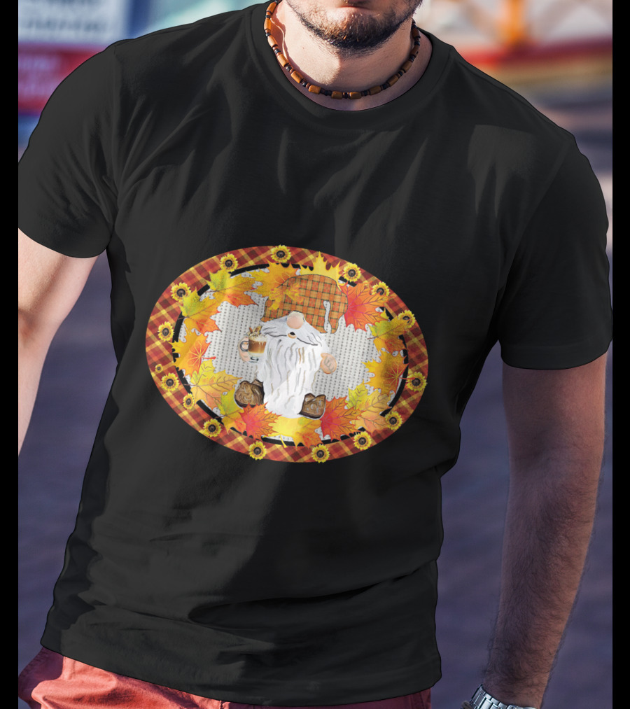 Fall Gnome With Coffee Mug Surrounded By Autumn Leaves And Sunflowers T-Shirt