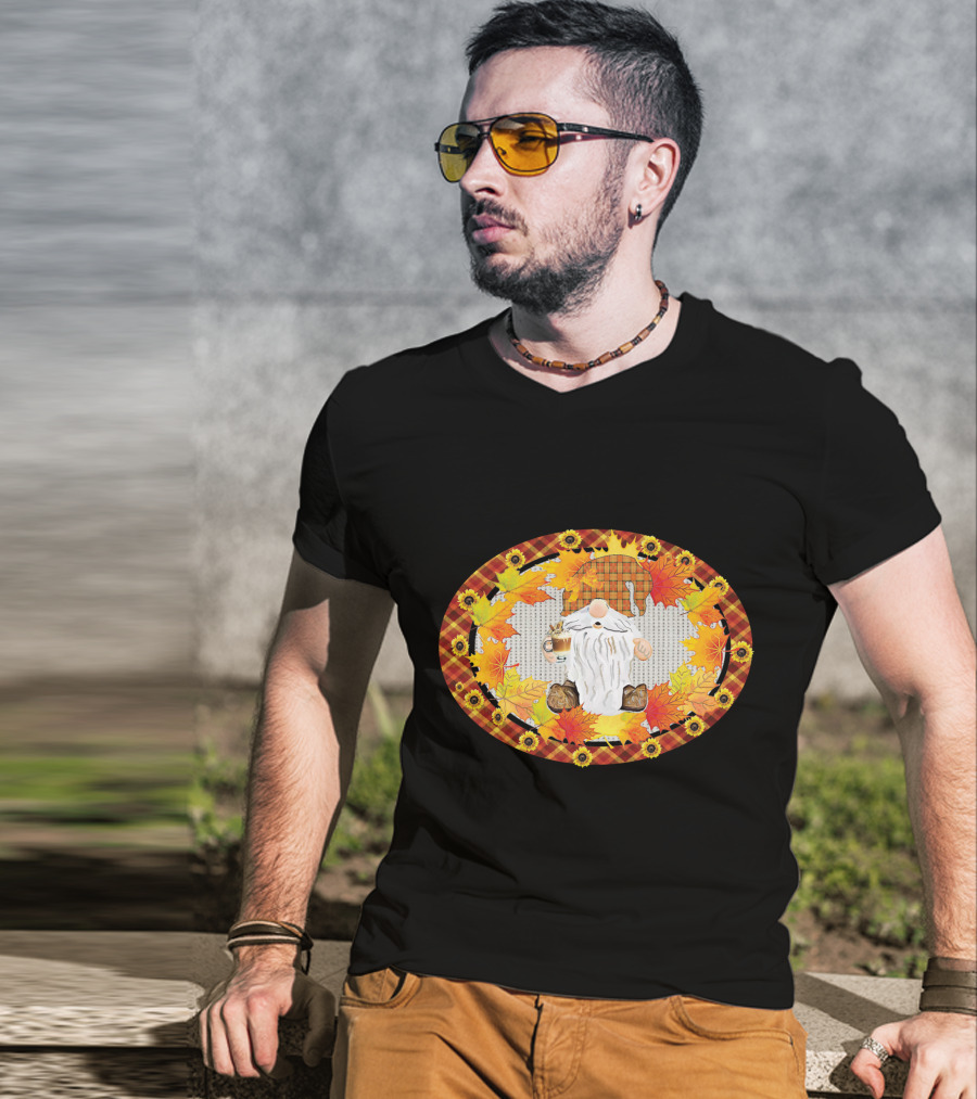 Fall Gnome With Coffee Mug Surrounded By Autumn Leaves And Sunflowers T-Shirt