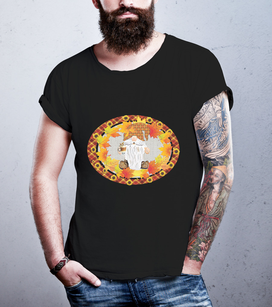 Fall Gnome With Coffee Mug Surrounded By Autumn Leaves And Sunflowers T-Shirt