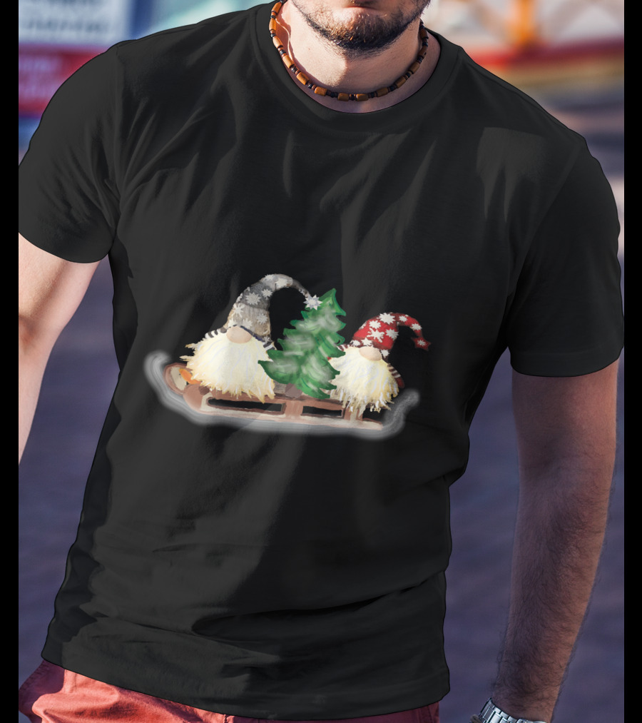 Gnomes On Sleigh With Christmas Tree And Snowflake Hats T-Shirt