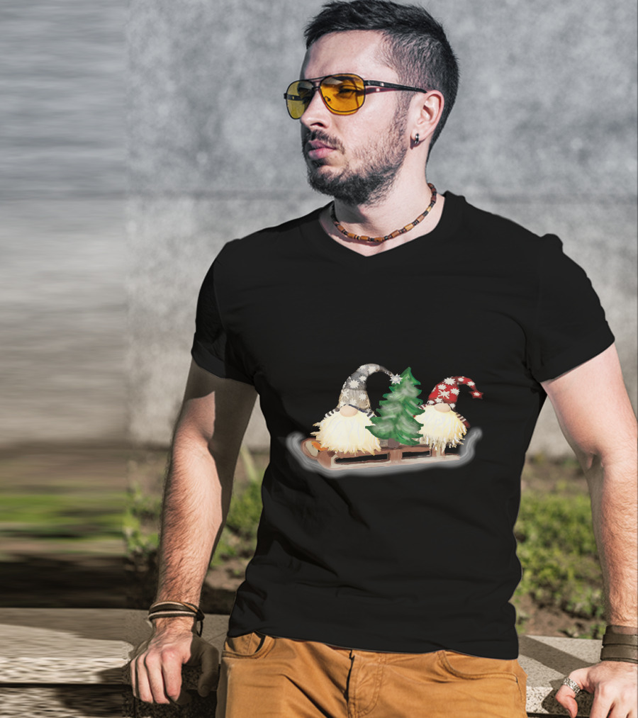 Gnomes On Sleigh With Christmas Tree And Snowflake Hats T-Shirt