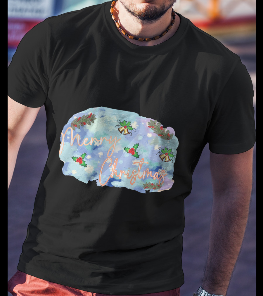 Merry Christmas Watercolor Holly And Bells T-Shirt