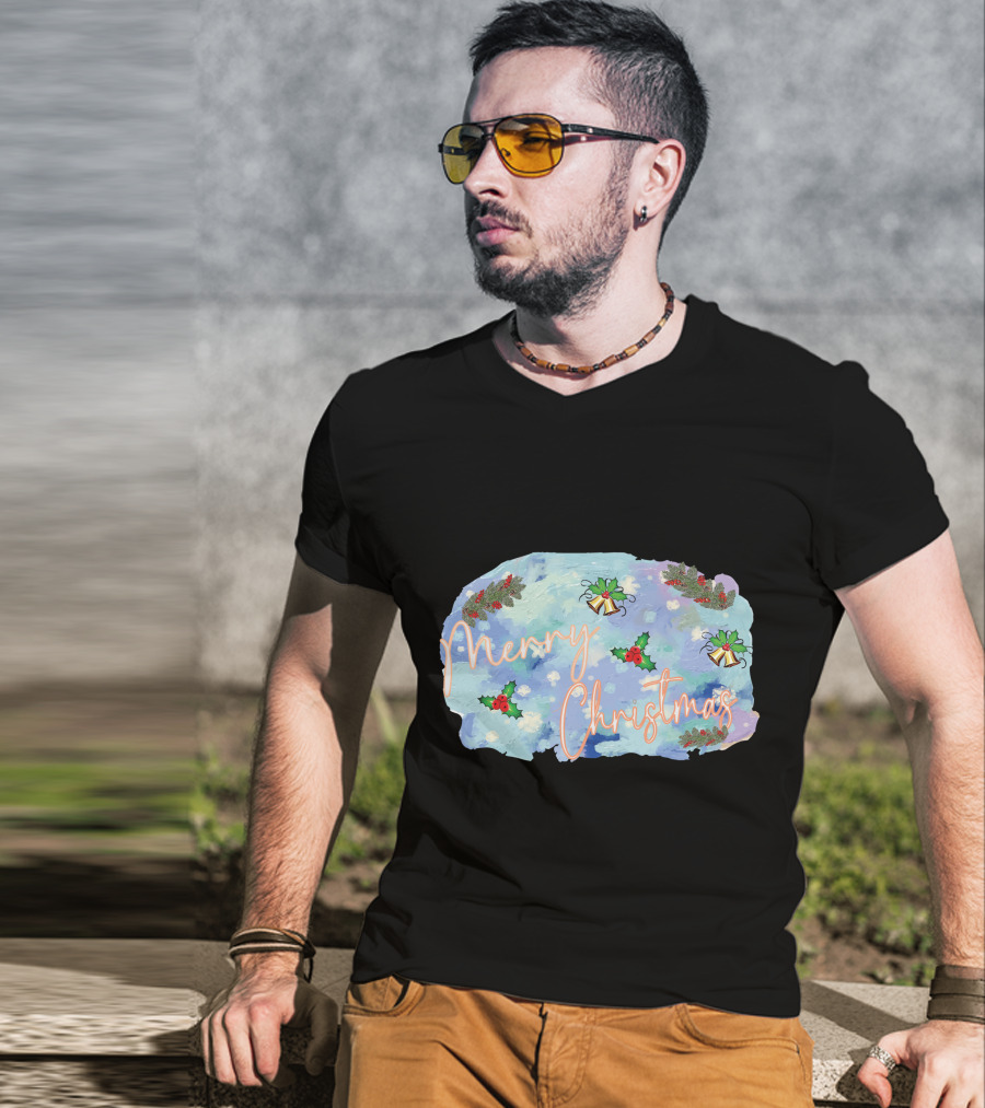 Merry Christmas Watercolor Holly And Bells T-Shirt