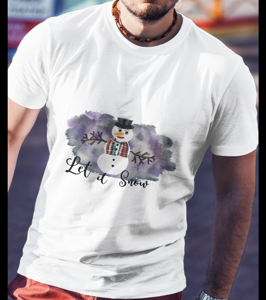 Let It Snow Hand Drawn Snowman Plaid Scarf Top Hat T-Shirt