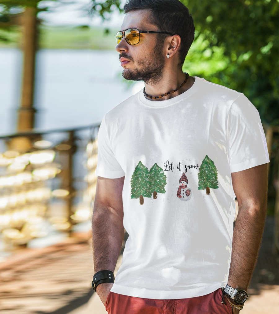 Let It Snow Watercolor Snowman And Pine Trees T-Shirt