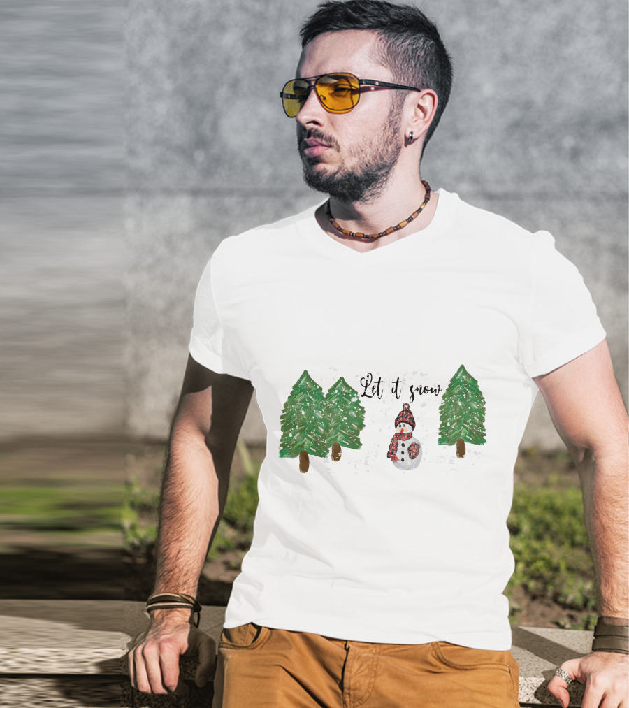 Let It Snow Watercolor Snowman And Pine Trees T-Shirt