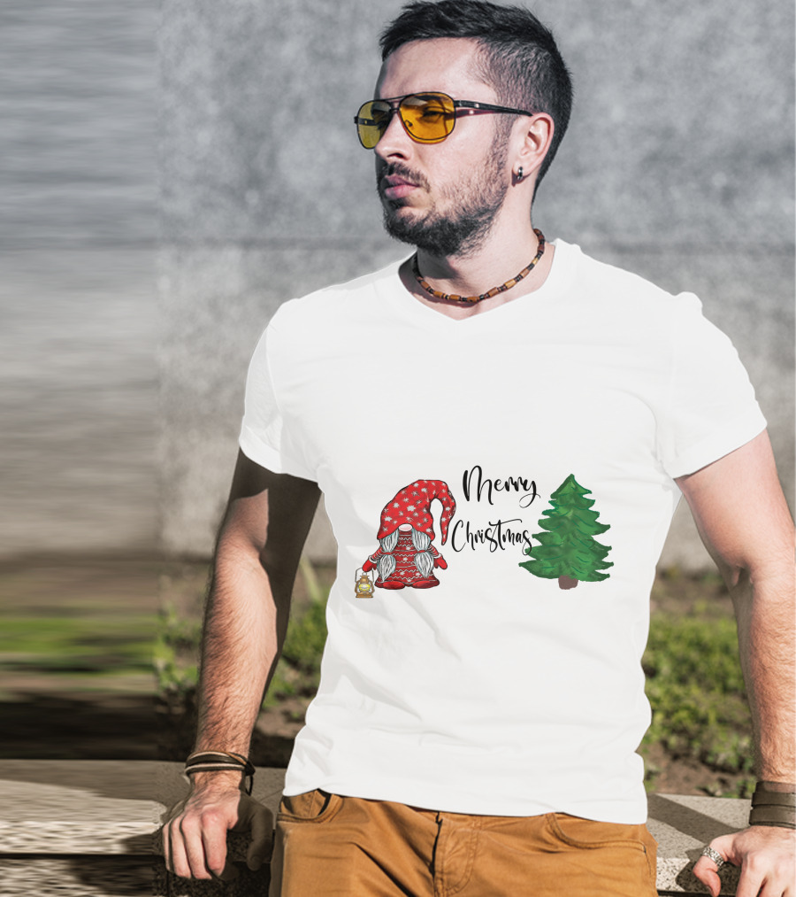 Merry Christmas Gnome With Lantern And Pine Tree T-Shirt