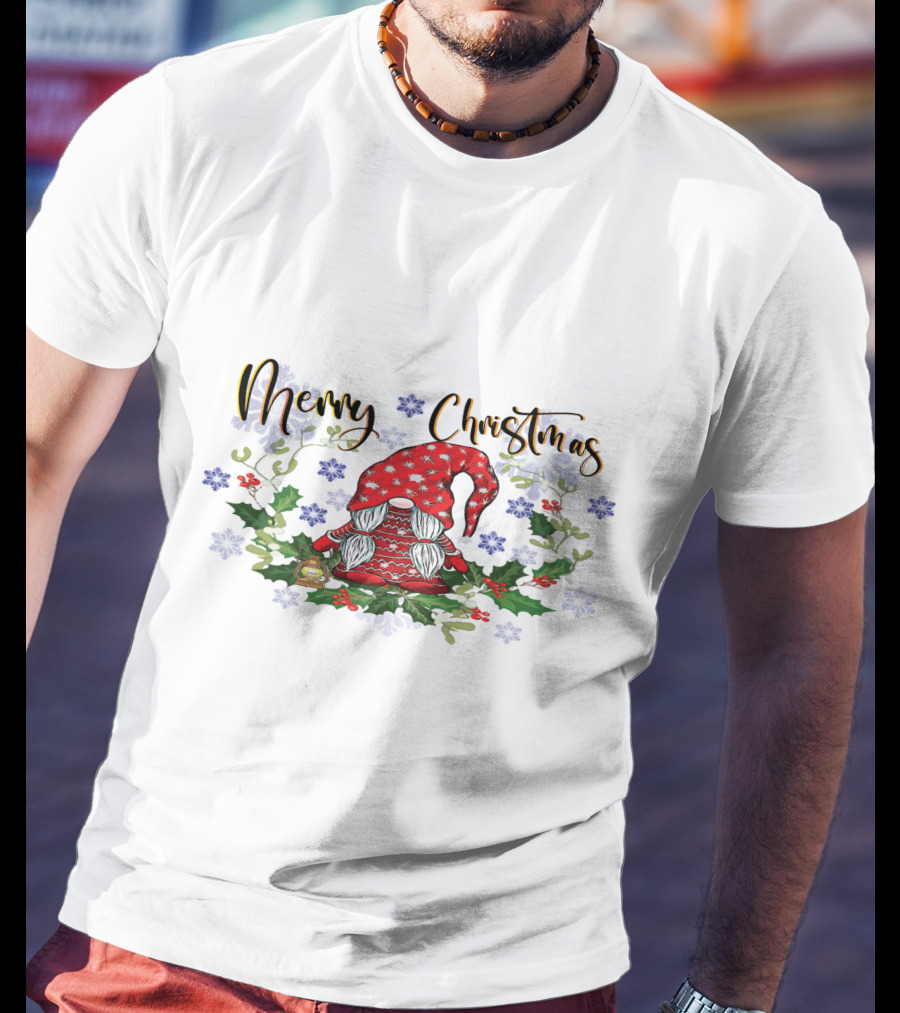 Merry Christmas Gnome With Snowflakes Holly And Lantern T-Shirt
