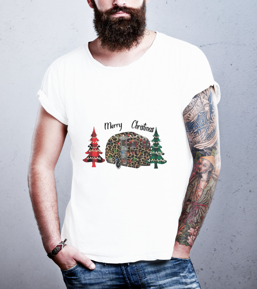 Merry Christmas Leopard Trailer With Festive Trees T-Shirt