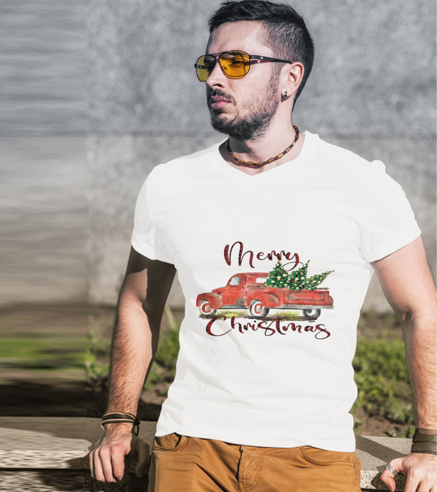 Merry Christmas Red Truck With Festive Tree T-Shirt