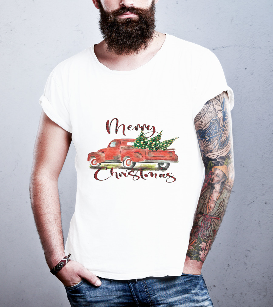 Merry Christmas Red Truck With Festive Tree T-Shirt