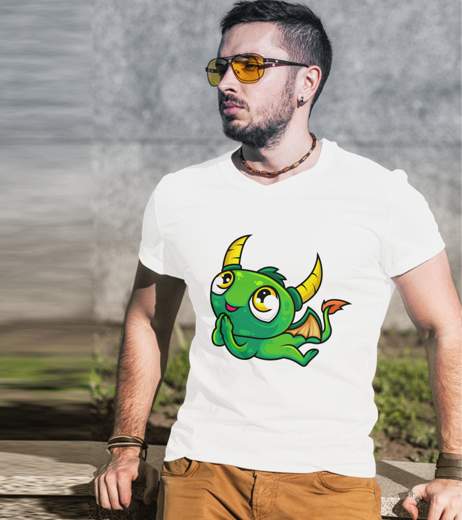 Cute Green Dragon Kawaii Cartoon Character With Horns And Wings T-Shirt