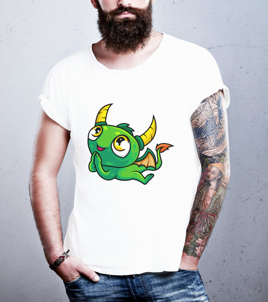 Cute Green Dragon Kawaii Cartoon Character With Horns And Wings T-Shirt