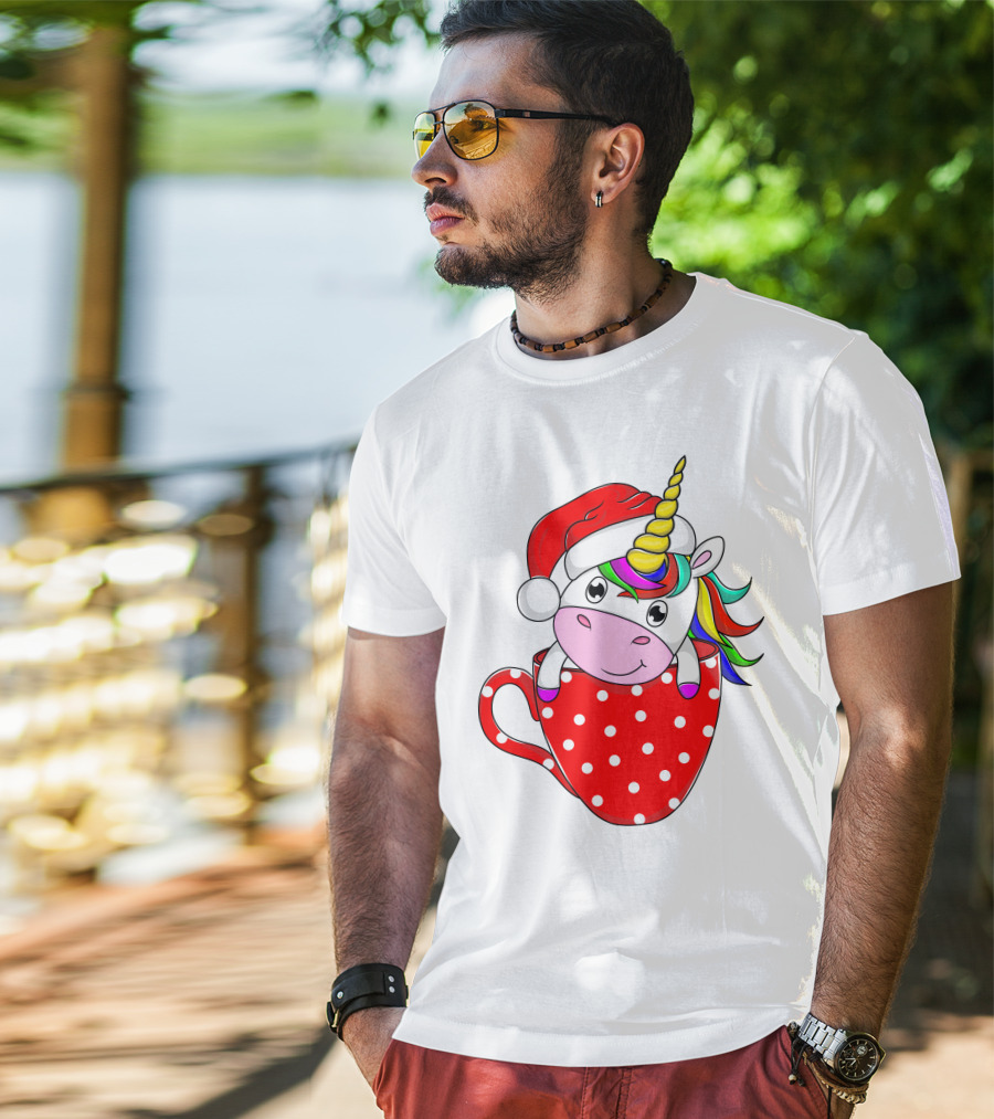 Santa Hat Unicorn In Polka Dot Red Cup T-Shirt