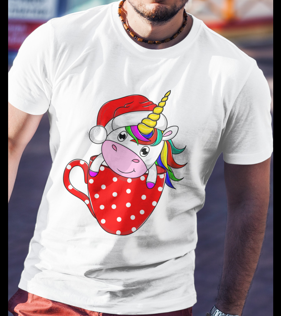 Santa Hat Unicorn In Polka Dot Red Cup T-Shirt