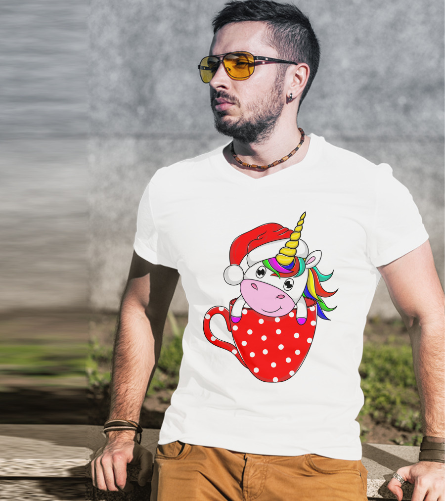 Santa Hat Unicorn In Polka Dot Red Cup T-Shirt