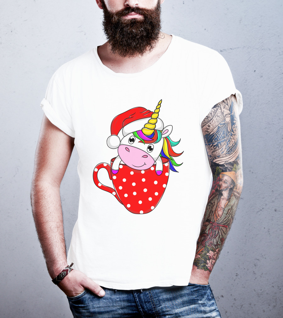 Santa Hat Unicorn In Polka Dot Red Cup T-Shirt