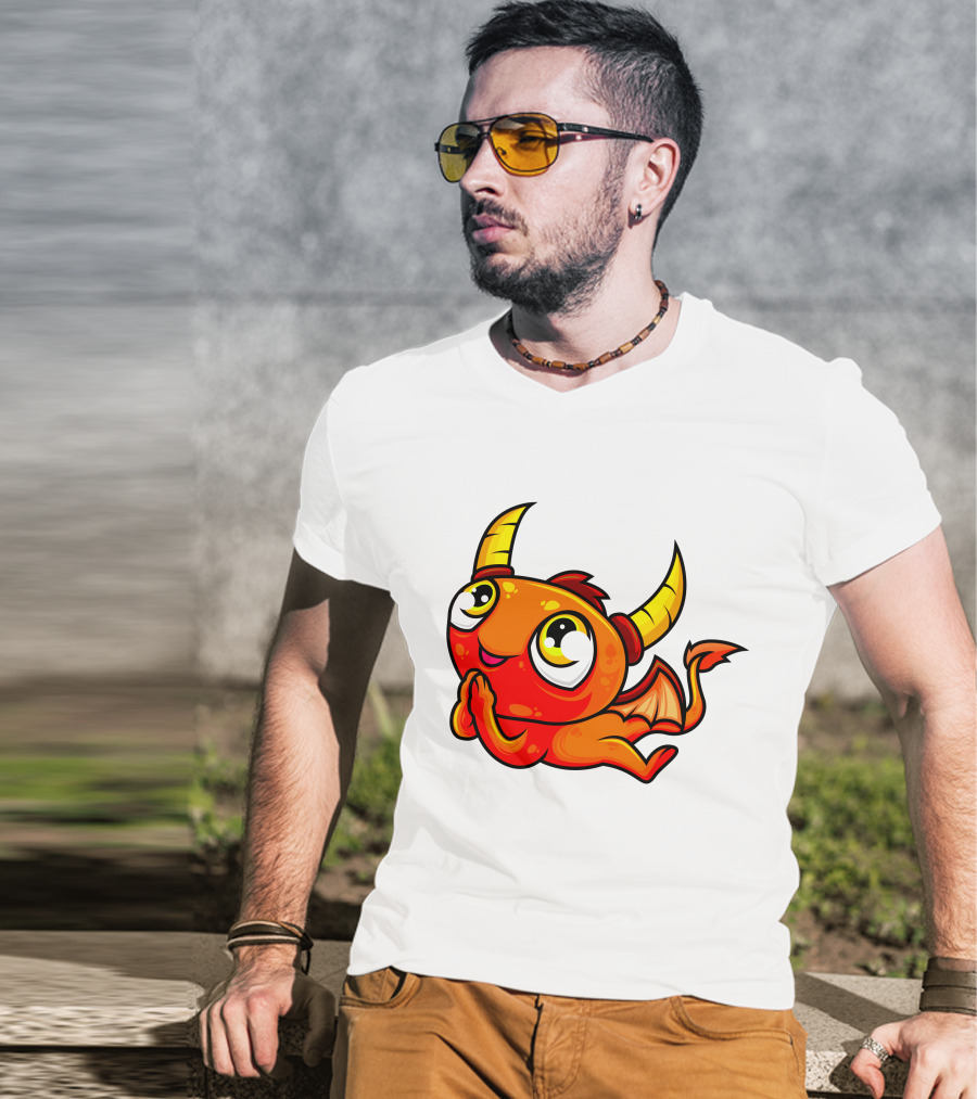 Orange Dragon Cute Cartoon Character With Horns And Wings T-Shirt