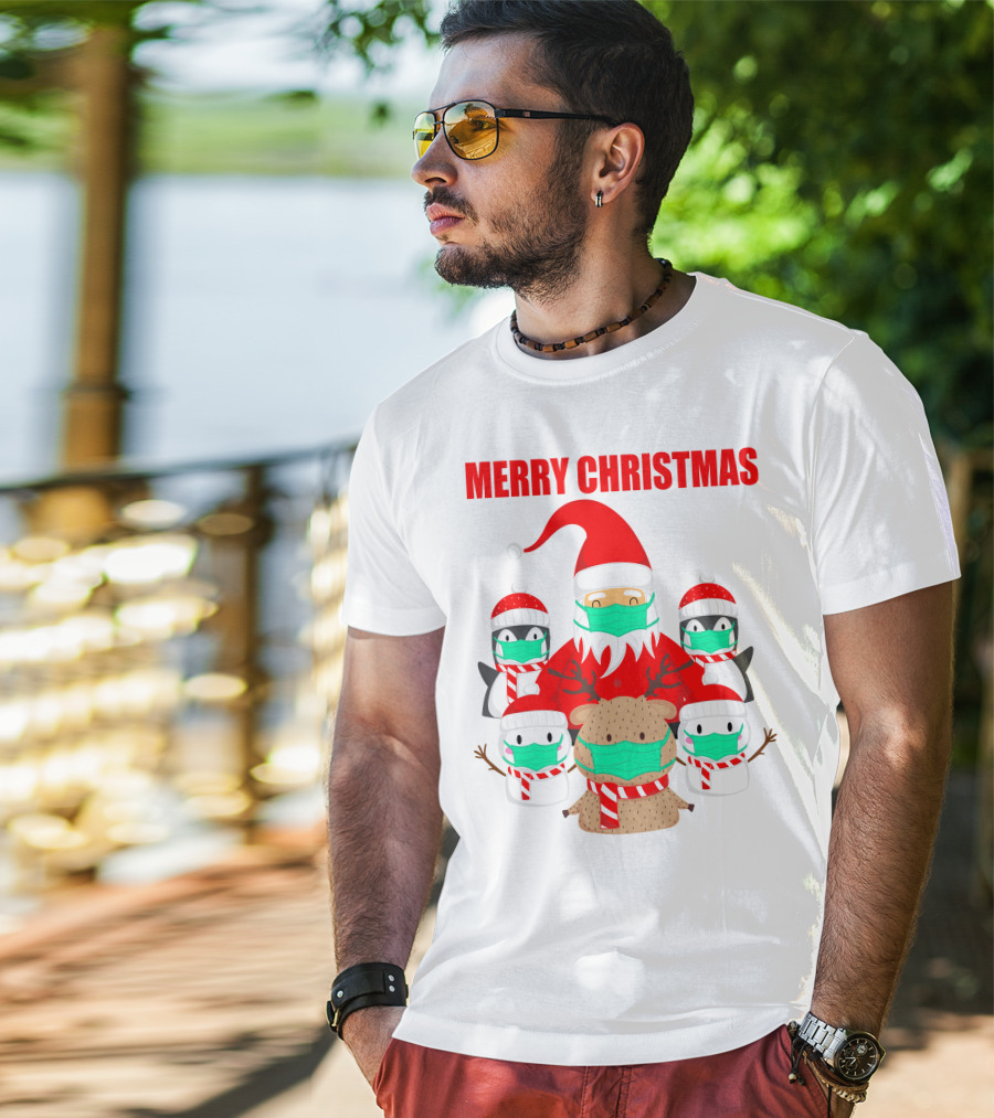Merry Christmas Santa Deer Penguin Social Distance T-Shirt