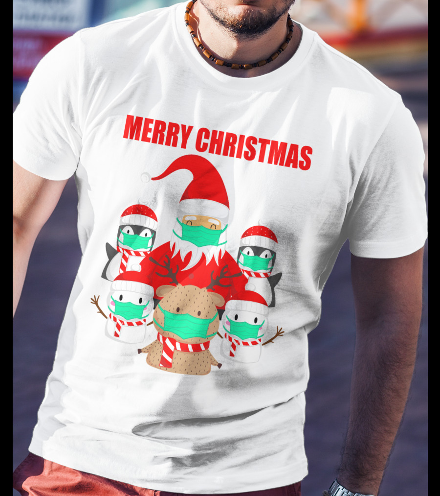 Merry Christmas Santa Deer Penguin Social Distance T-Shirt