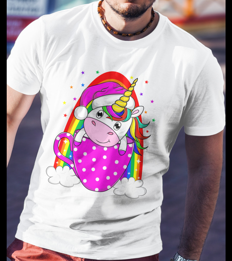 Unicorn Rainbow Santa In Pink Polka Dot Cup T-Shirt