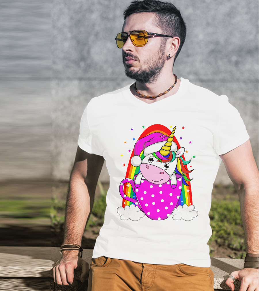 Unicorn Rainbow Santa In Pink Polka Dot Cup T-Shirt