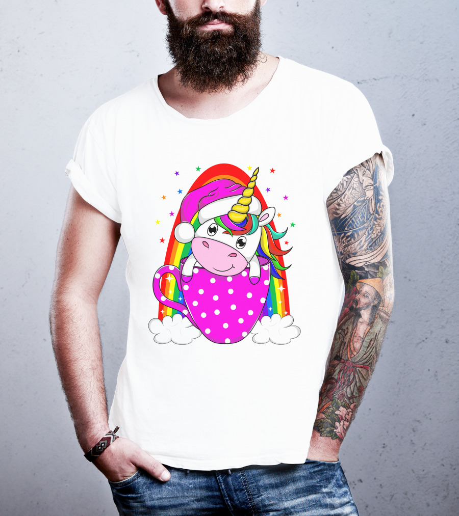Unicorn Rainbow Santa In Pink Polka Dot Cup T-Shirt