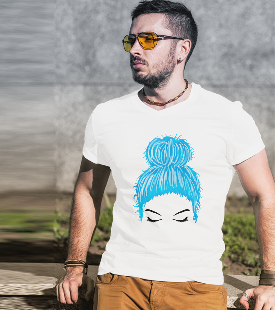 Messy Bun Blue Hair Momlife Trendy Hairstyle Sketch T-Shirt