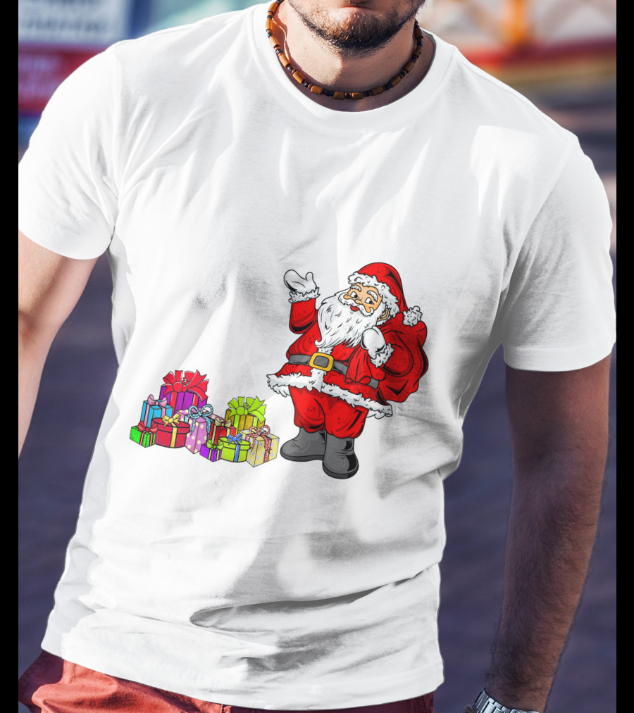 Santa Claus Joyfully Delivering Colorful Presents T-Shirt