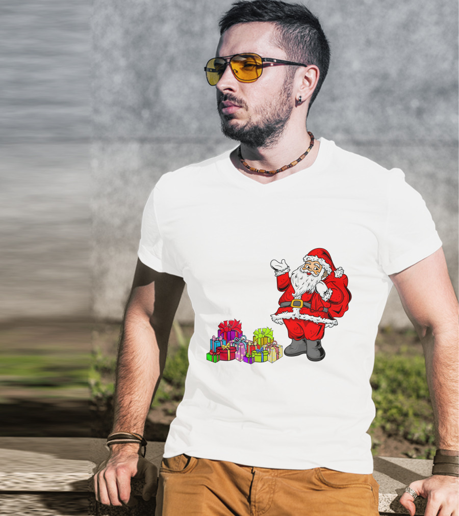 Santa Claus Joyfully Delivering Colorful Presents T-Shirt