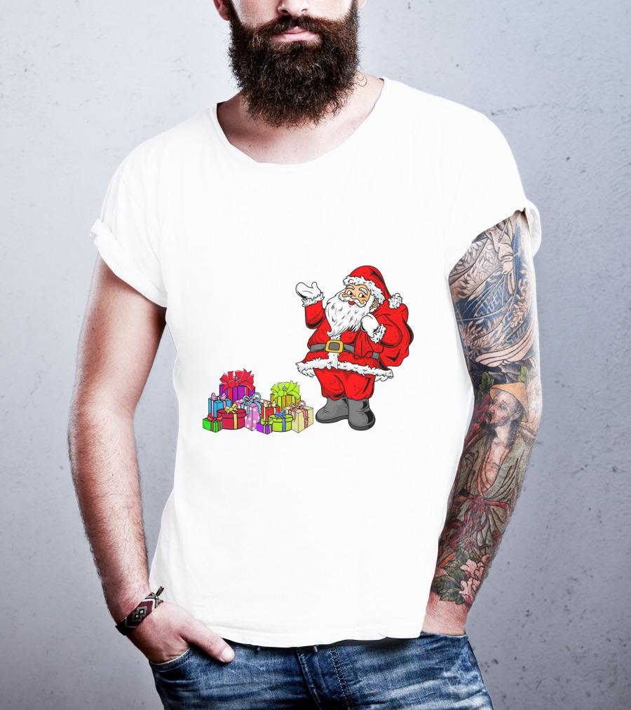 Santa Claus Joyfully Delivering Colorful Presents T-Shirt