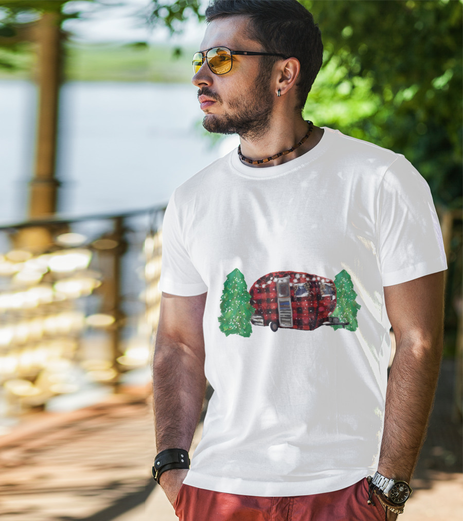 Watercolor Christmas Buffalo Plaid Camper With Trees T-Shirt