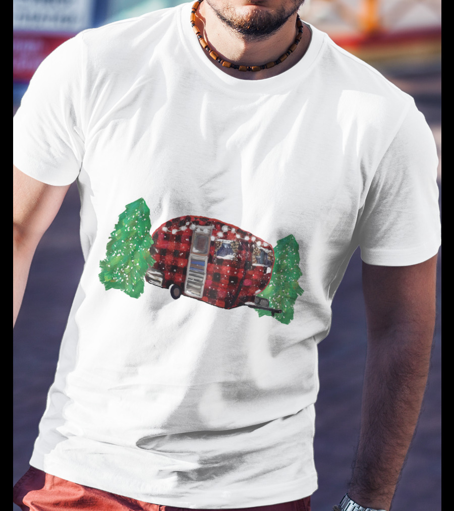 Watercolor Christmas Buffalo Plaid Camper With Trees T-Shirt
