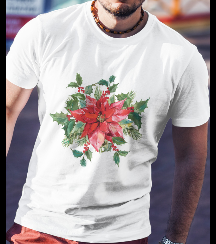 Watercolor Christmas Poinsettia With Holly Leaves And Berries T-Shirt